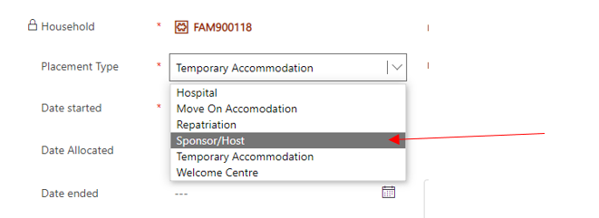 Screenshot showing Sponsor/Host selected from dropdown