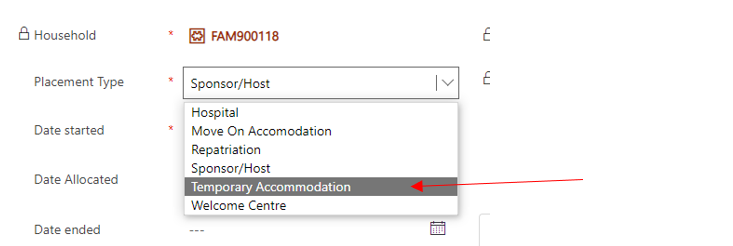 Screenshot showing temporary accomodation selected from dropdown