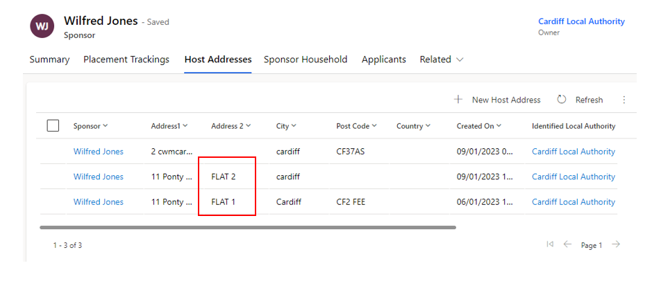 Host address menu displaying multiple addresses
