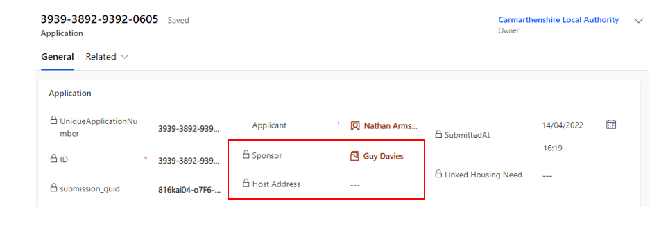 Locked sponsor section highlighted in application page
