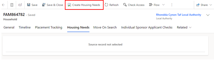 Screenshot of household screen with Create Housing Needs highlighted