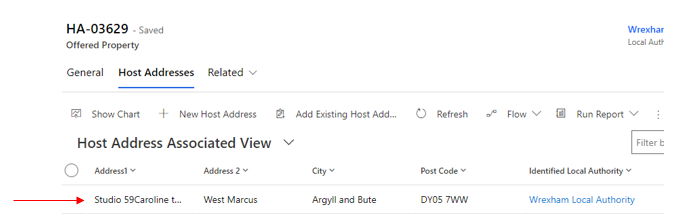 Screenshot of host addresses tab with a record highlighted