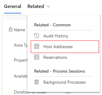Screenshot of dropdown menu highlighting host addresses