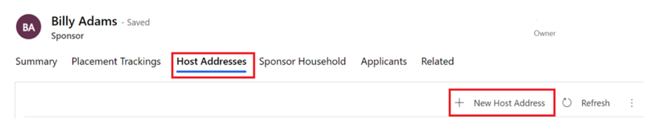 Screenshot of host addresses tab highlighted in the Sponsor screen