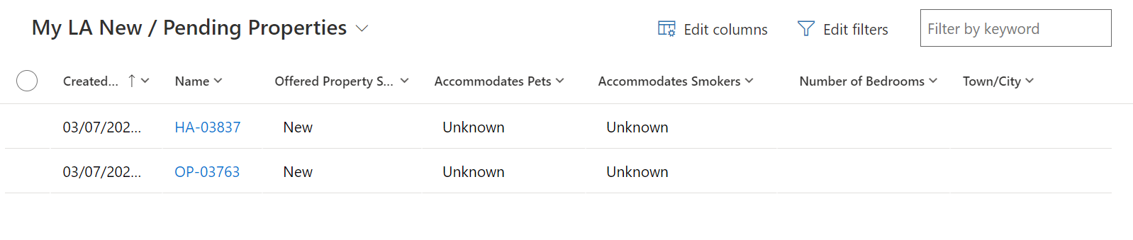 Screenshot of LA new / pending properties page
