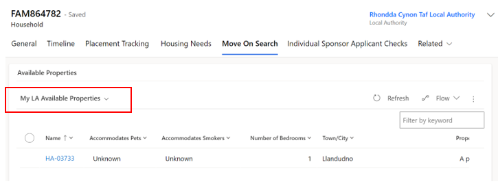 Screenshot of household move on search tab with My LA view