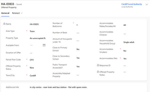 Screenshot of host address screen in the offered property tab