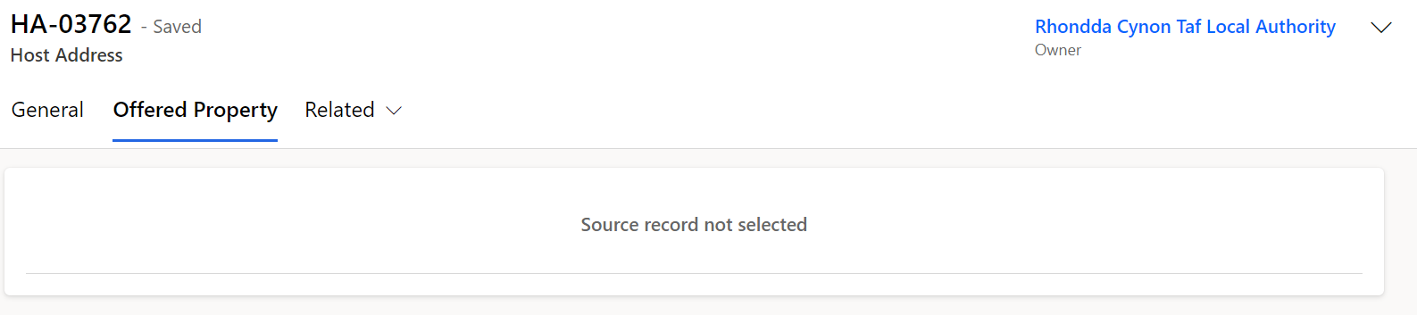 Screenshot of host address screen in the offered property tab with Source record not selected message