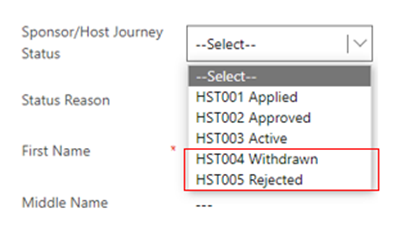 Screenshot of dropdown options for sponsor/host journey status