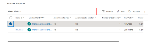 Screenshot of reserve highlighted in record list