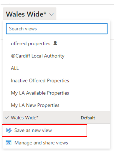 Screenshot of views drop down menu with Save as new view highlighted