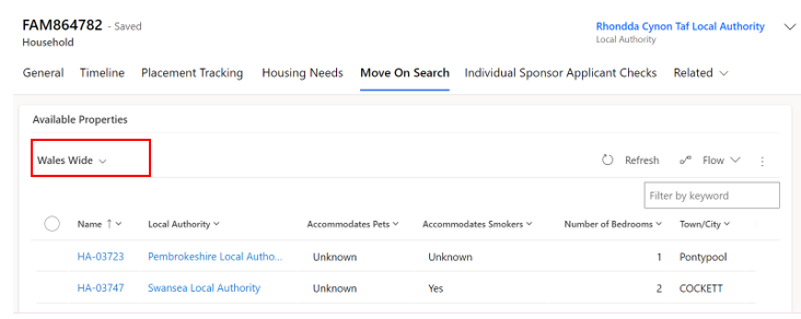 Screenshot of household move on search tab with Wales Wide view
