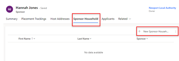 view of the new sponsor household page