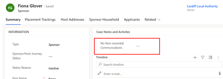 Sponsor menu with No Non-Essential Communications highlighted