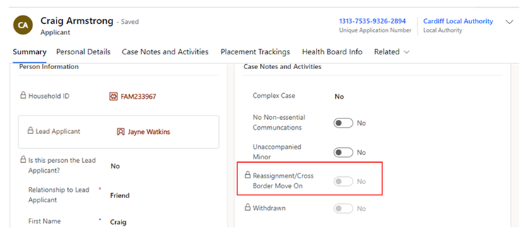 Appliant menu with Reassignment/Cross Boarder Move On highlighted