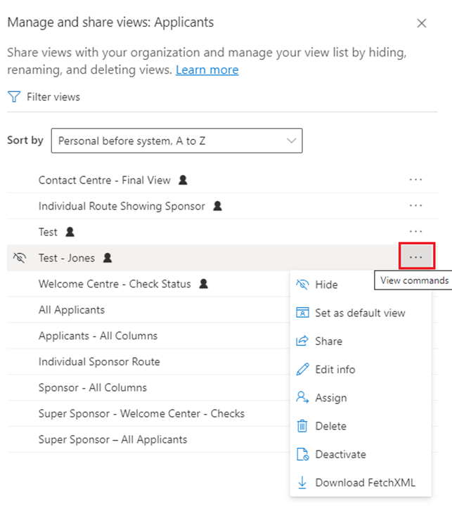 screenshot of manage and share views with three dots highlighted