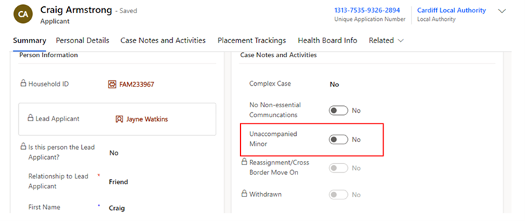 Applicant menu showing unaccompanied minor selection highlighted
